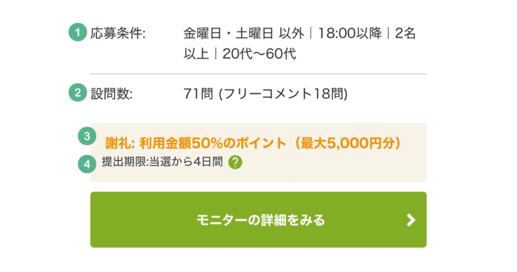 ファンくるグルメモニター条件欄